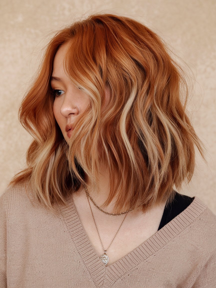 49. Copper Wavy Lob with Highlights