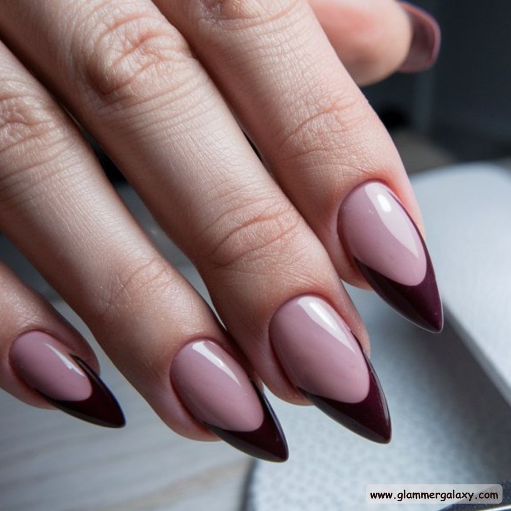 Burgundy fall Nails with Sharp Pointed French Tips