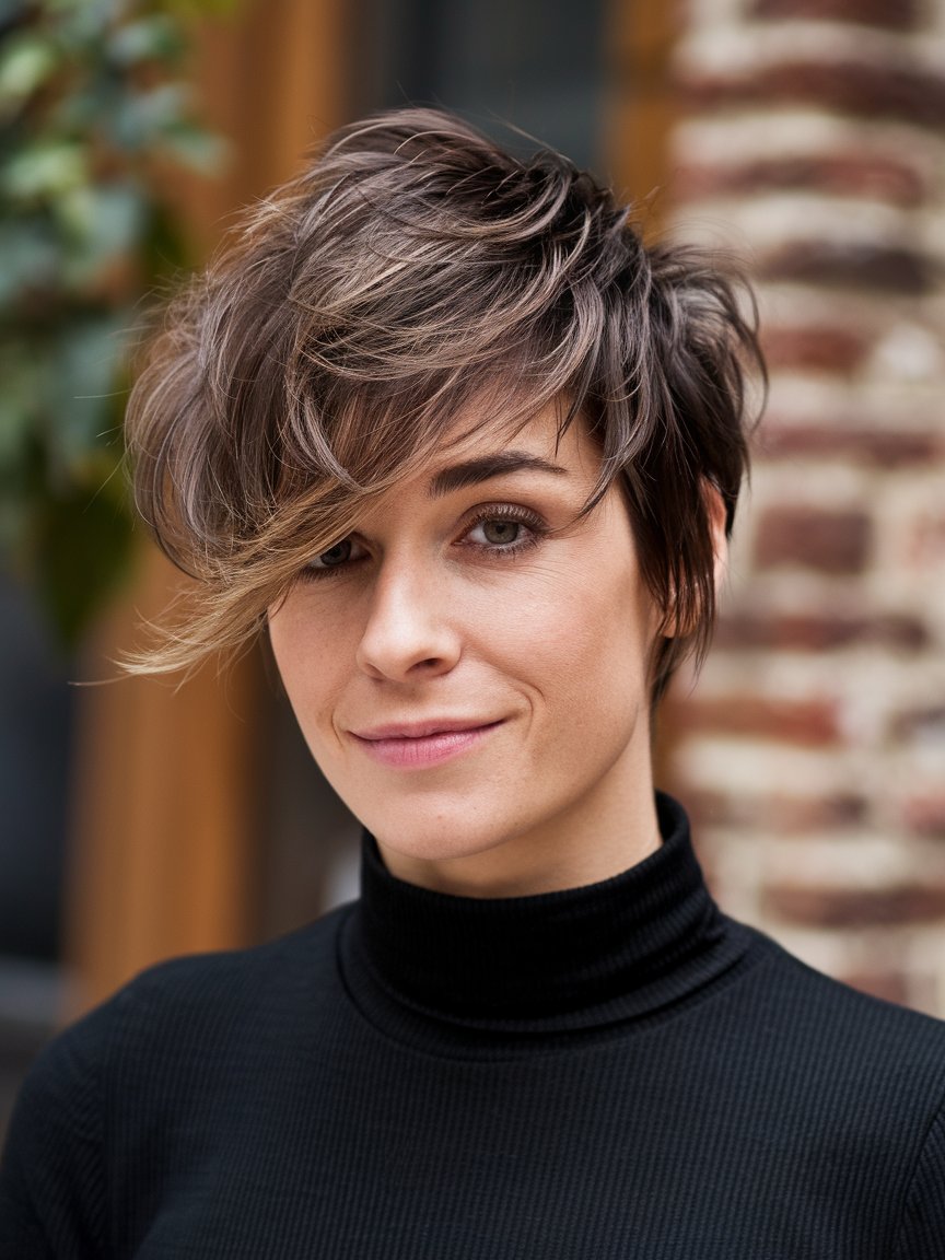 19. Tousled Pixie with short messy hairstyle Side-Swept Bangs