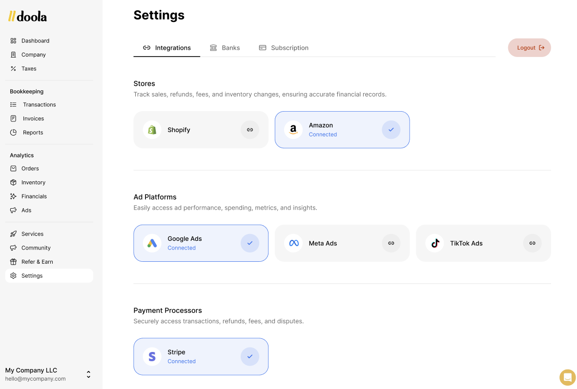 With the ad tracking feature in doola, you can connect the following platforms: Google ads, meta ads and TikTok ads