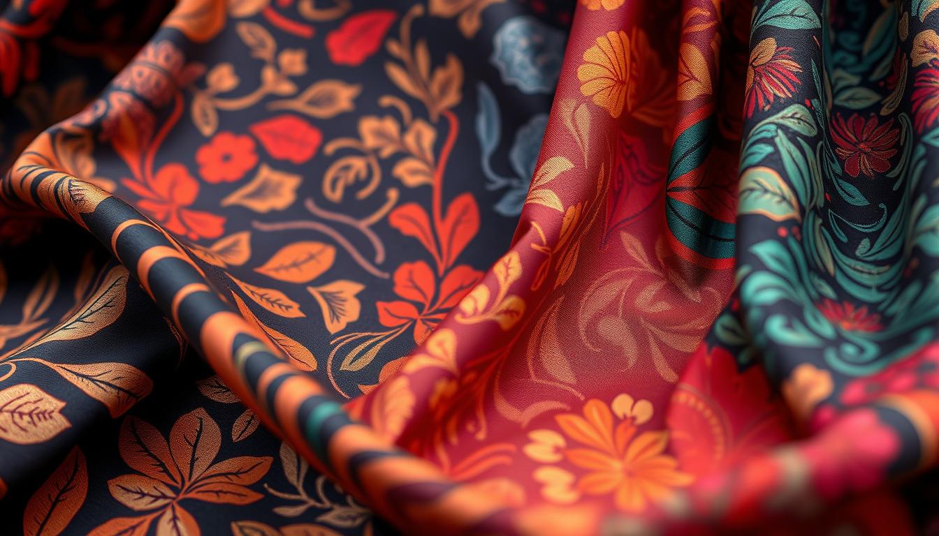 Detailed fabric textures of contemporary Malaysian batik, showcasing innovative patterns and techniques. Vibrant, intricate designs in a range of colors - deep indigos, rich earth tones, and bold jewel-like hues. Organic motifs like leaves, flowers, and abstract forms flow seamlessly across the material. Soft, flowing folds of the fabric capture the movement and drape. Backlighting casts a warm, atmospheric glow, highlighting the depth and complexity of the textiles. The scene is captured in a clean, well-lit studio setting, with a slight perspective to emphasize the materiality and craftsmanship of the batik.