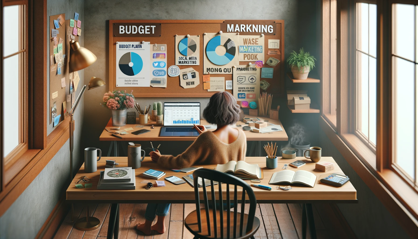 A woman working at a wooden desk in a cozy office, analyzing marketing and budget data on her laptop. The walls are covered with charts, notes, and strategy boards, creating a focused and strategic atmosphere.
