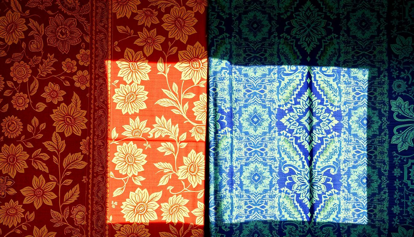 Two finely detailed batik textile patterns displayed side-by-side, showcasing the distinct motifs and styles of Malaysian and Indonesian batik. The Malaysian batik, characterized by intricate floral designs in warm hues of red, orange, and gold, occupies the left side. The Indonesian batik, featuring bold geometric patterns in cool tones of blue, green, and indigo, takes the right side. The textiles are illuminated by natural, diffused lighting, captured at a medium angle to highlight the intricacies of the handcrafted fabrics. The overall composition conveys a sense of cultural contrast and the rich heritage of Southeast Asian textile traditions.