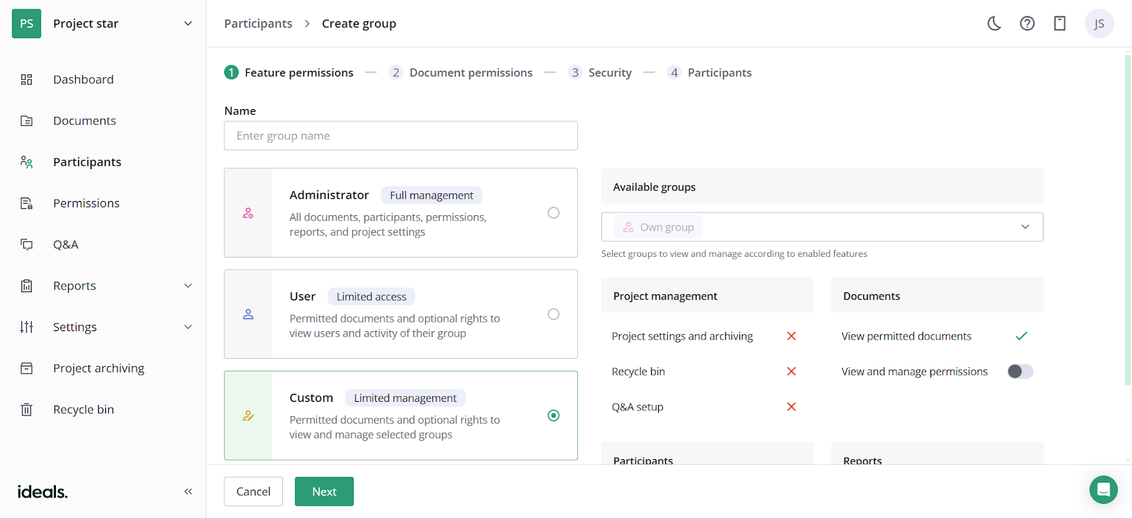 Ideals group setup menu