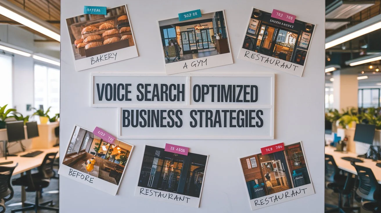 A collage of successful voice search optimization case studies, showcasing different businesses and their effective strategies.