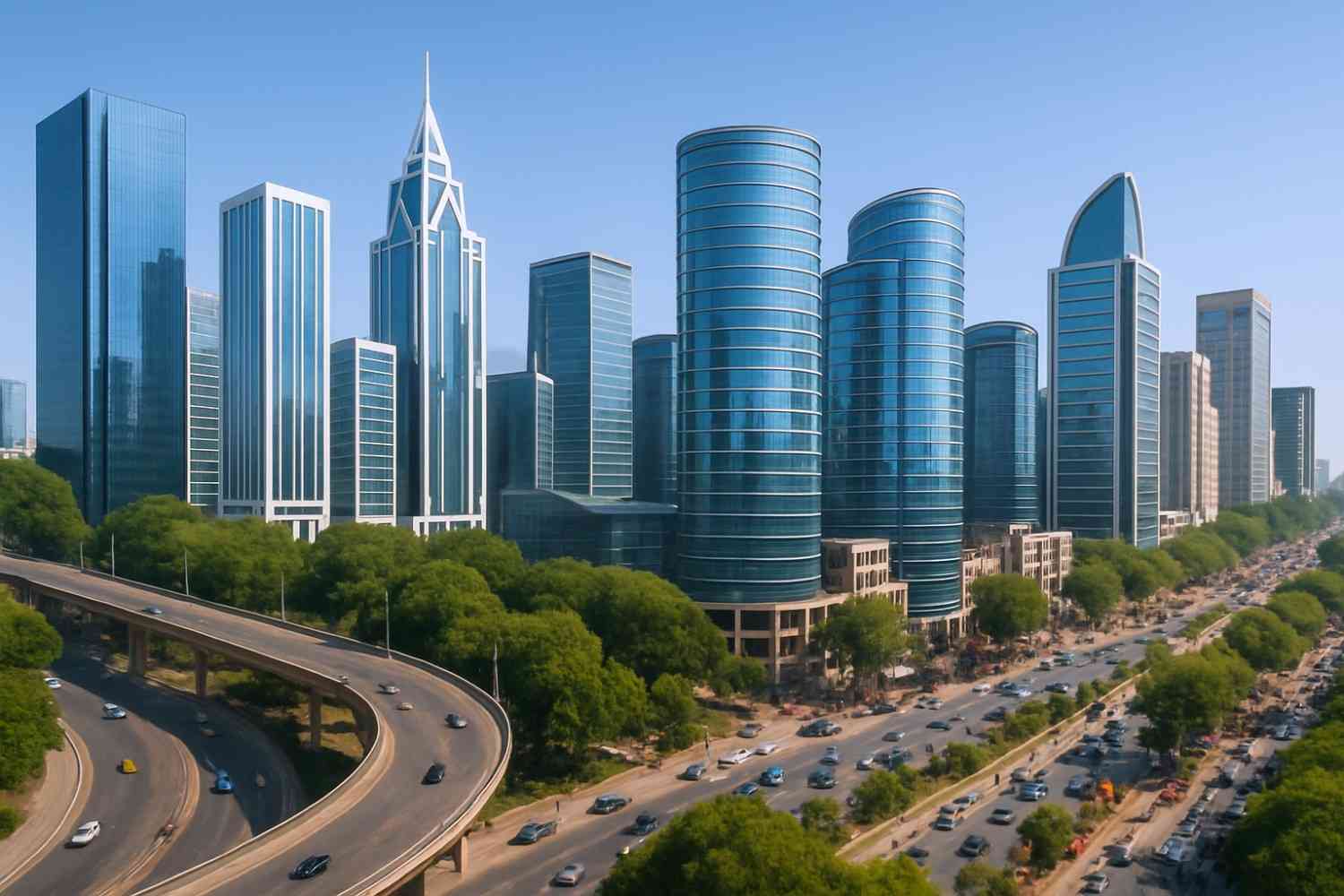 Bangalore business district skyline showing modern commercial buildings and office towers representing the city's growth