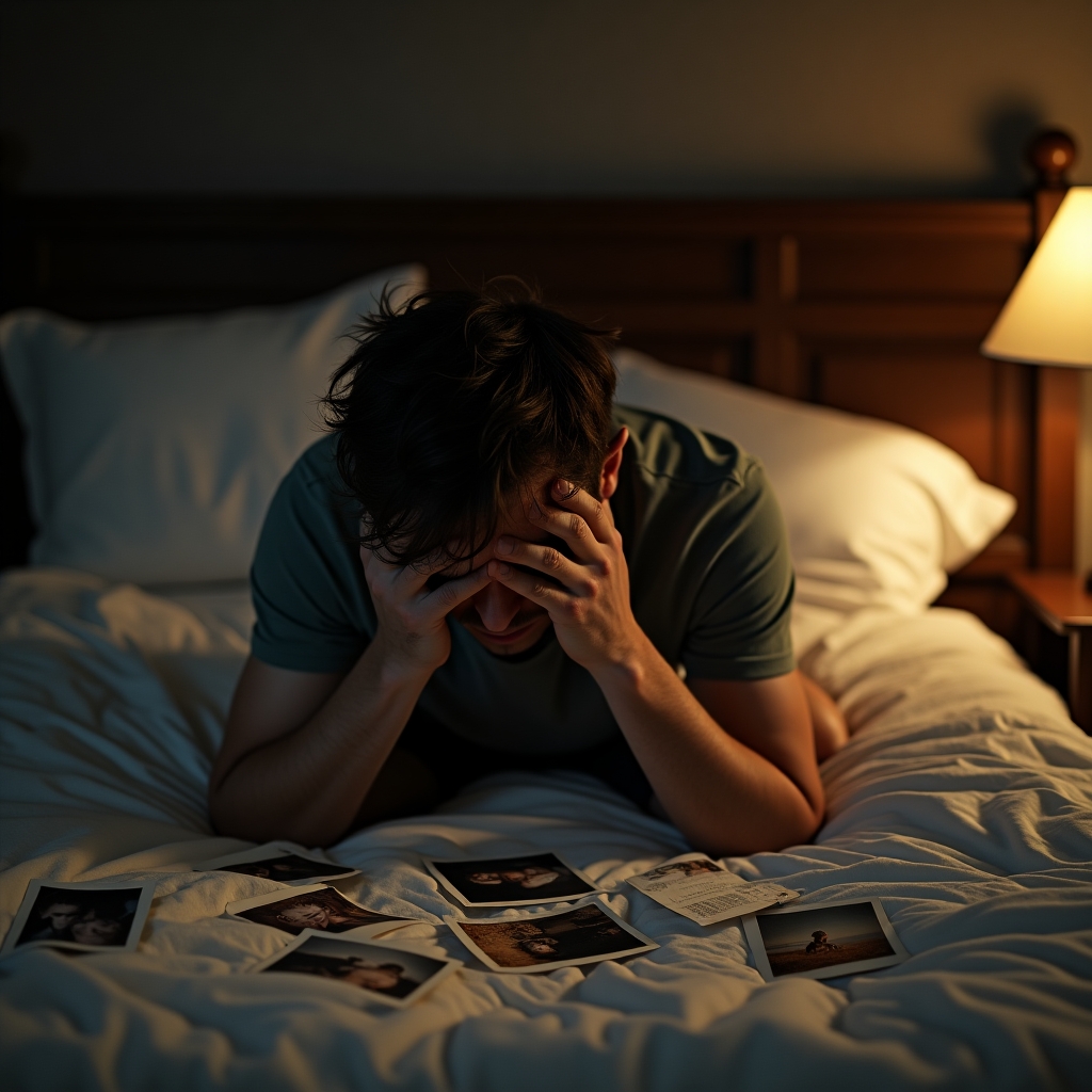 Man sitting alone on a bed with his head in his hands, surrounded by emotional clutter, symbolizing emotional shock and heartbreak.