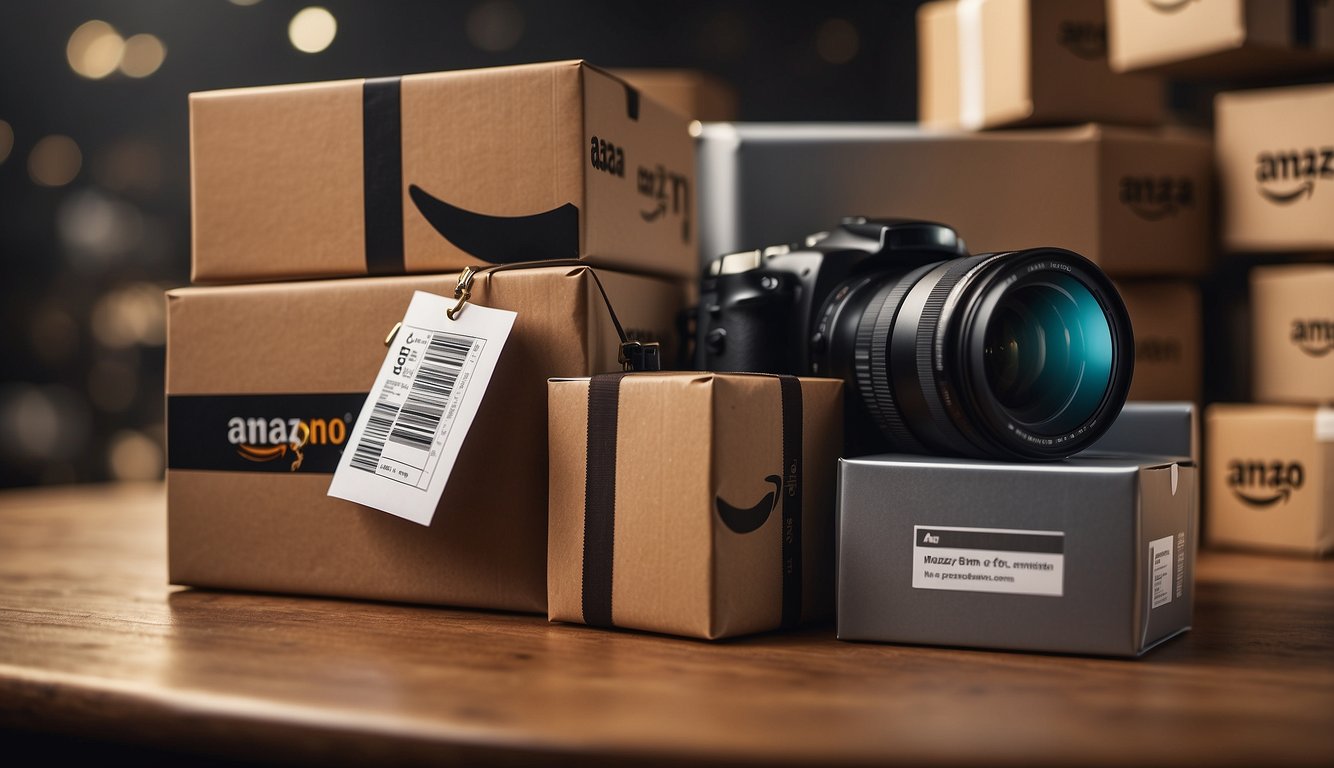 A stack of FAQ items with Amazon logo, surrounded by shipping boxes