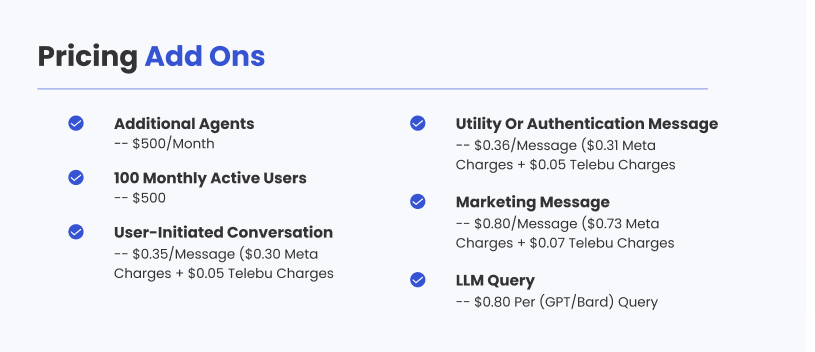 TelebuSocial add ons and the price of each add on.