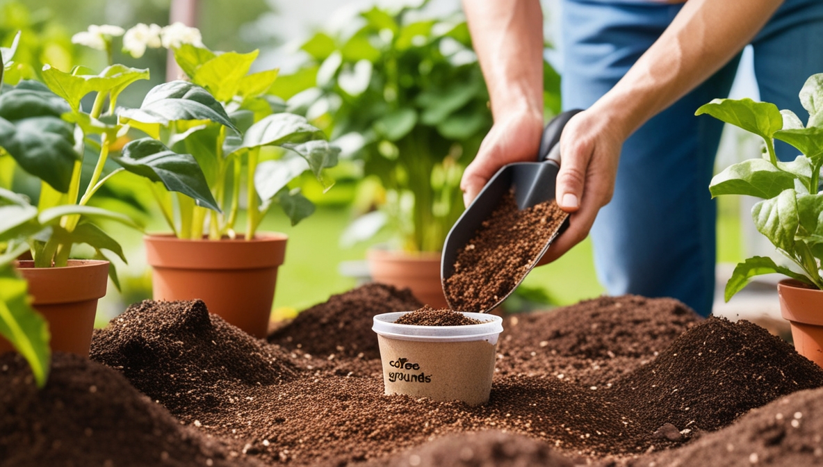 A person is scooping coffee grounds from a container and adding them to soil in a garden bed. There are potted plants nearby.