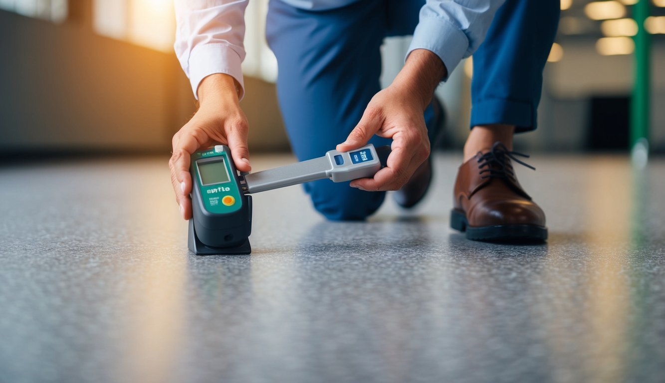 A person testing SPC flooring with a slip resistance meter