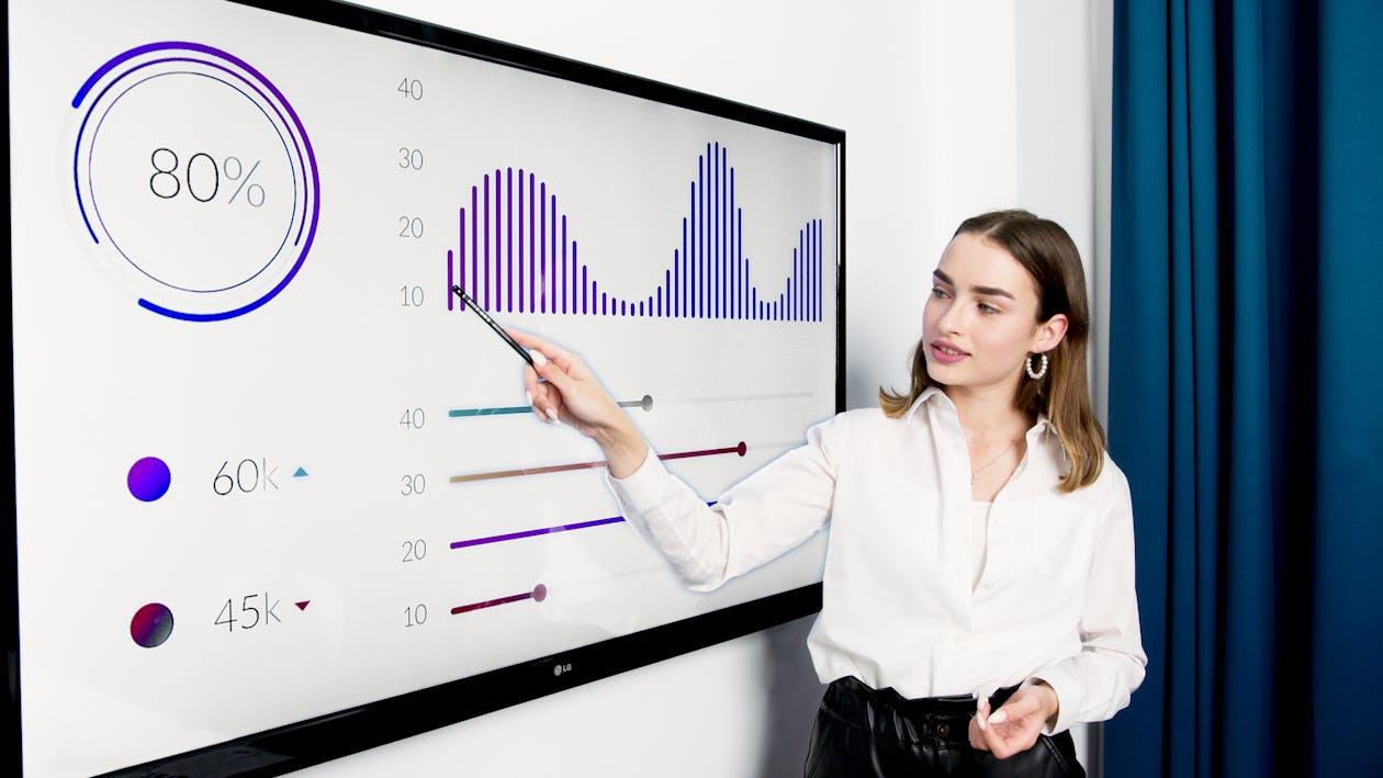 Free Woman in White Dress Shirt Standing Beside Projector Screen Stock Photo