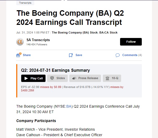 Seeking Alpha BA earnings call overview and transcript