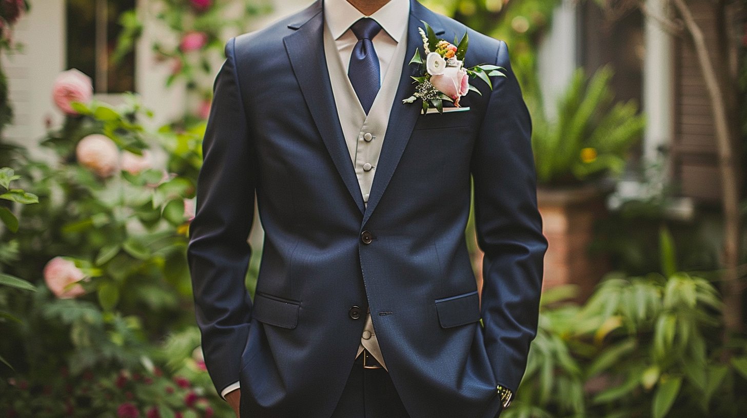 Man in a navy or charcoal classic two-piece suit (jacket + trousers), clean white dress shirt, simple tie, polished shoes, wedding venue background, elegant but not overly formal