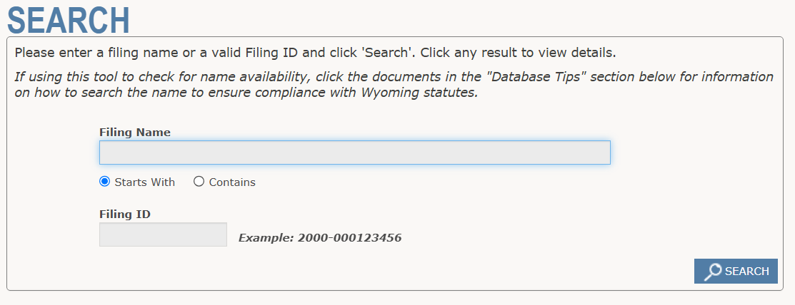 Wyoming Secretary of State’s business search