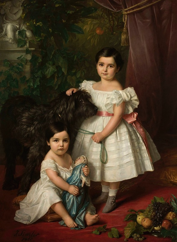 two young girls, a doll, and dog painting