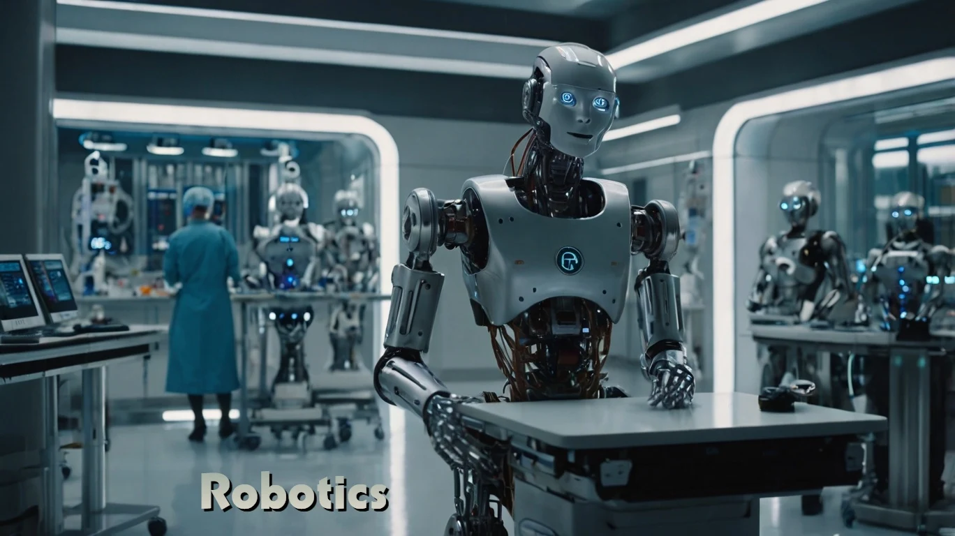 A futuristic scene depicting various robots in healthcare, manufacturing, and education settings.