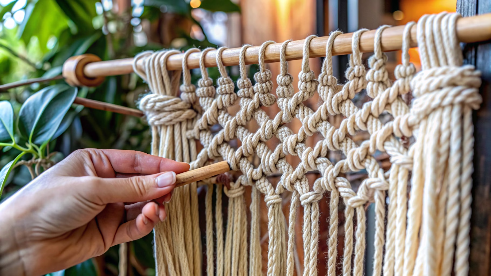 Close-up de mãos tecendo macramê de parede com cordas de algodão em bastão de madeira.