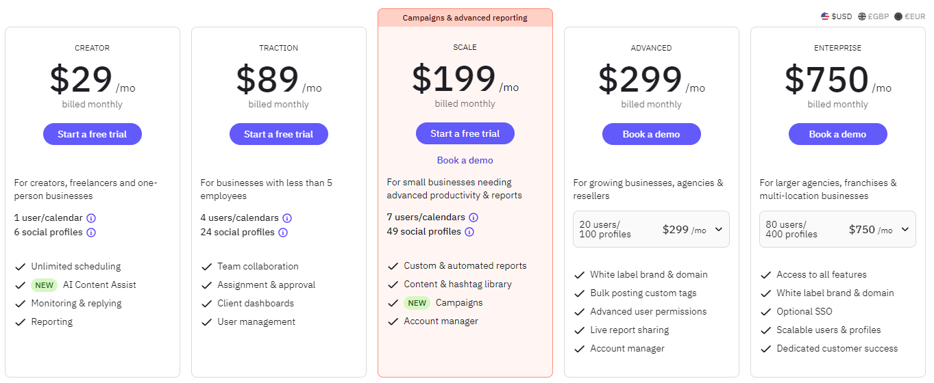 Sendible pricing