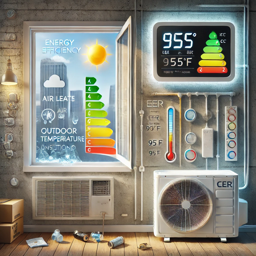 Graph comparing EER and CEER ratings of window vs wall ACs, with tips on sealing and inverter performance.