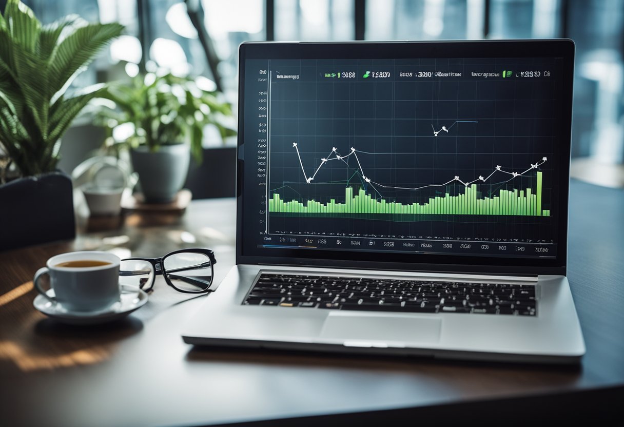 A laptop displaying a graph with a sharp upward trend, surrounded by various technical SEO tools and analytics charts