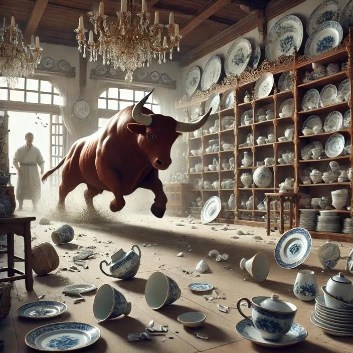 A scene depicting a large bull charging through a traditional china shop. The shop is filled with delicate porcelain plates, cups, and other fragile items displayed on wooden shelves. As the bull runs wildly, some items are falling off the shelves, shattering on the floor, and the shop owner stands in shock. The setting is chaotic, with dust and broken pieces scattered around. The bull is mid-motion, showing energy and strength, while the china shop reflects an elegant but now disorderly atmosphere.