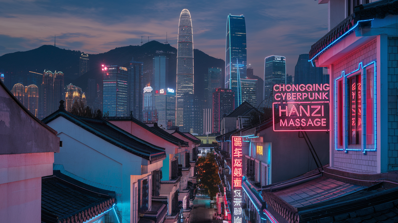 Chongqing Cyberpunk City Neon Hanzi Massage Sign