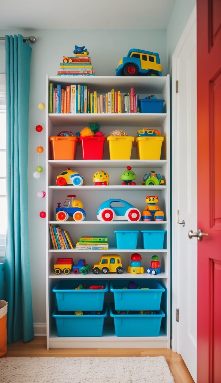 A colorful toy organizer shelf in a tidy kids' bedroom, with various toys and books neatly arranged on the shelves