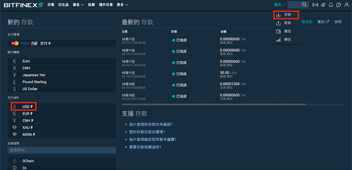 Bitfinex 出金,Bitfinex 入金