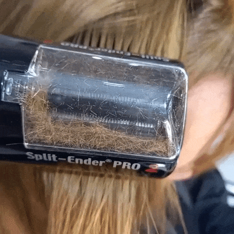 Split Ender Pro 2 split end machine in action with trimmed ends visible in the transparent chamber.