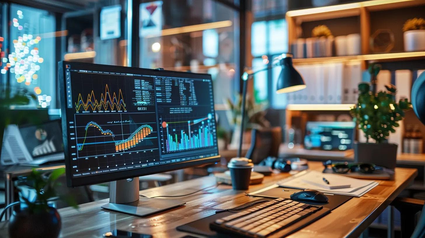 a sharp, modern office workspace showcases a sleek computer screen displaying data analytics and automated processes, symbolizing the competitive edge gained through ai integration amidst a backdrop of contrasting purposeless paperwork and outdated technology on a cluttered desk.