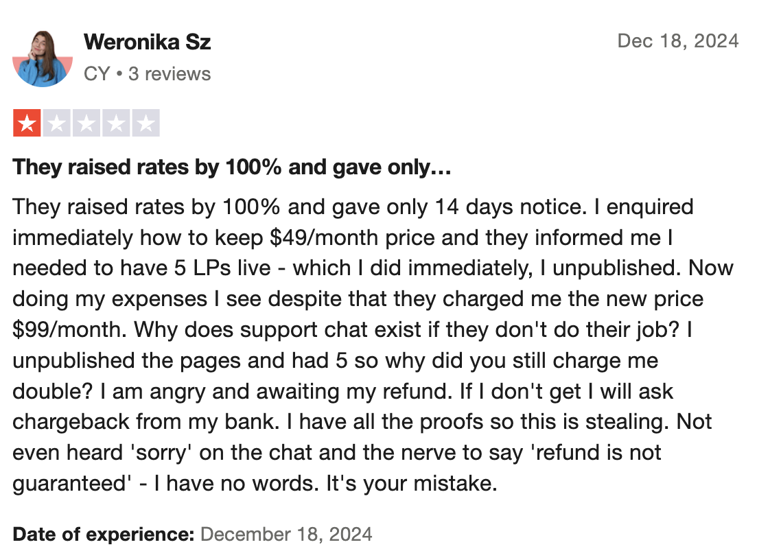 Screenshot of a user review for Leadpages talking about the sudden price hike and legacy pricing
