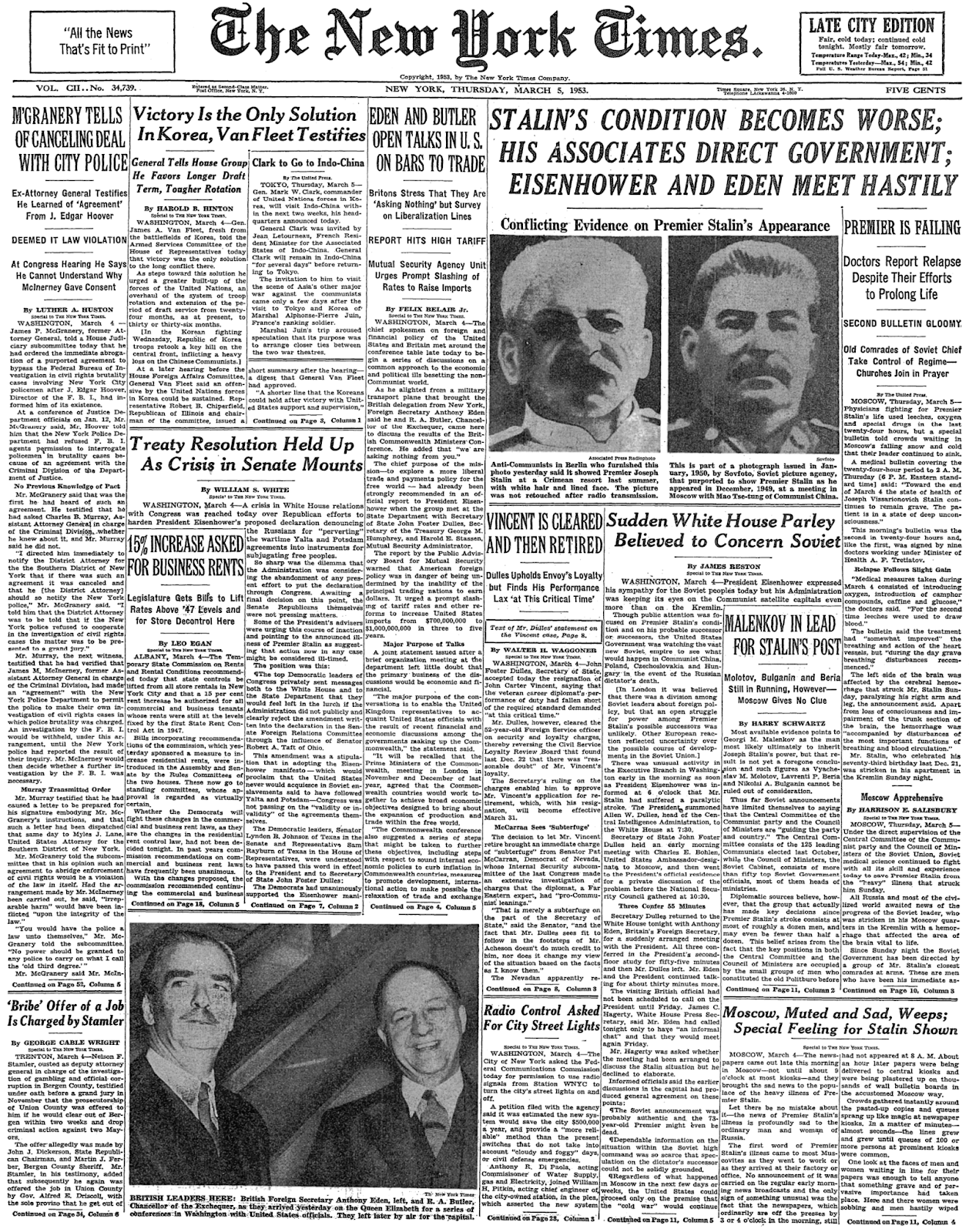 Thursday, March 5, 1953 – The New York Times Front Page