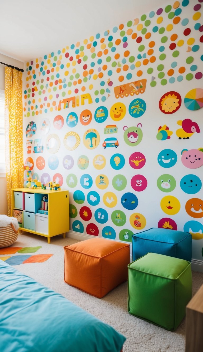 A colorful array of playful wall decals adorning a cheerful kids' bedroom