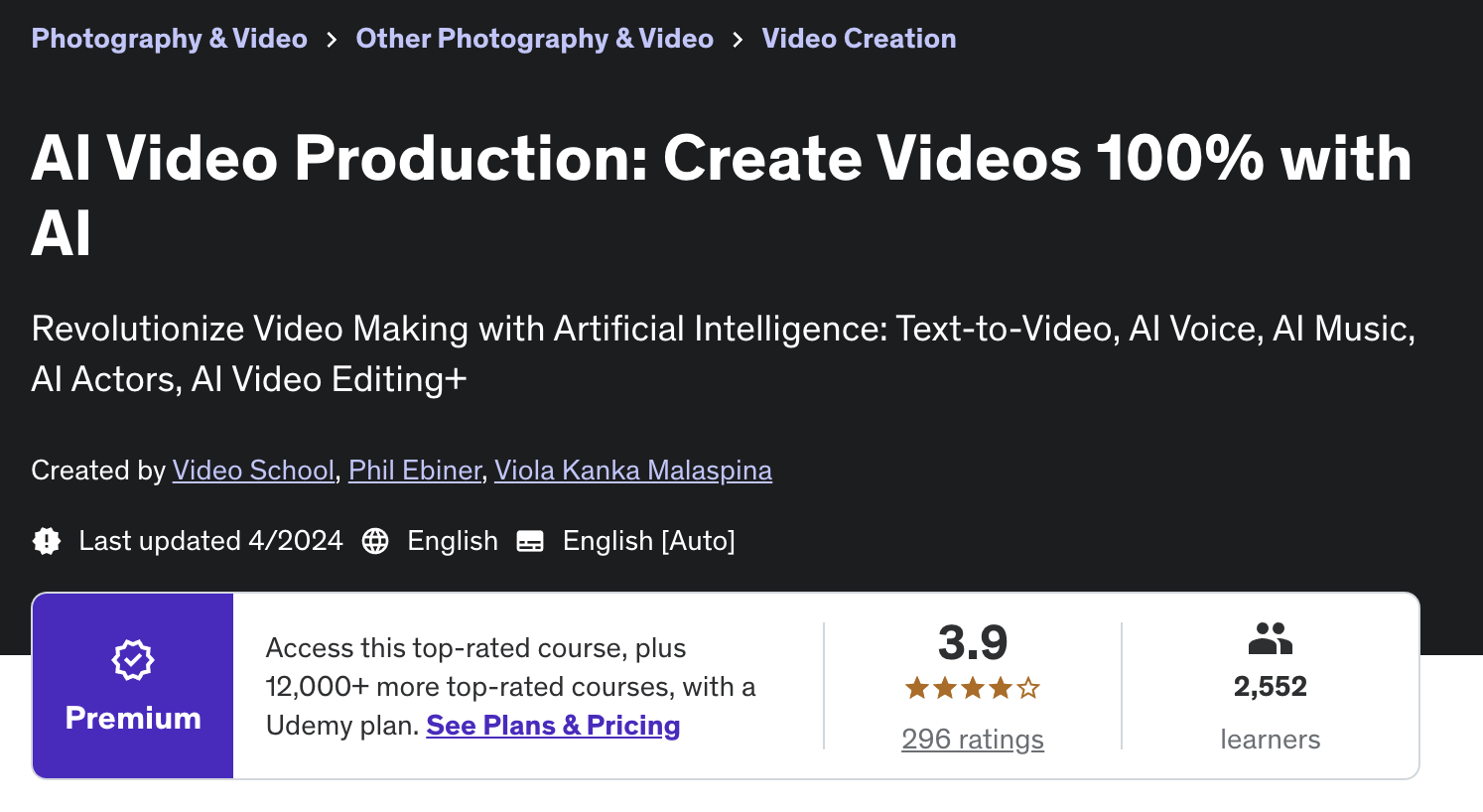 The Udemy AI Video Production landing page shows details about their AI video courses.