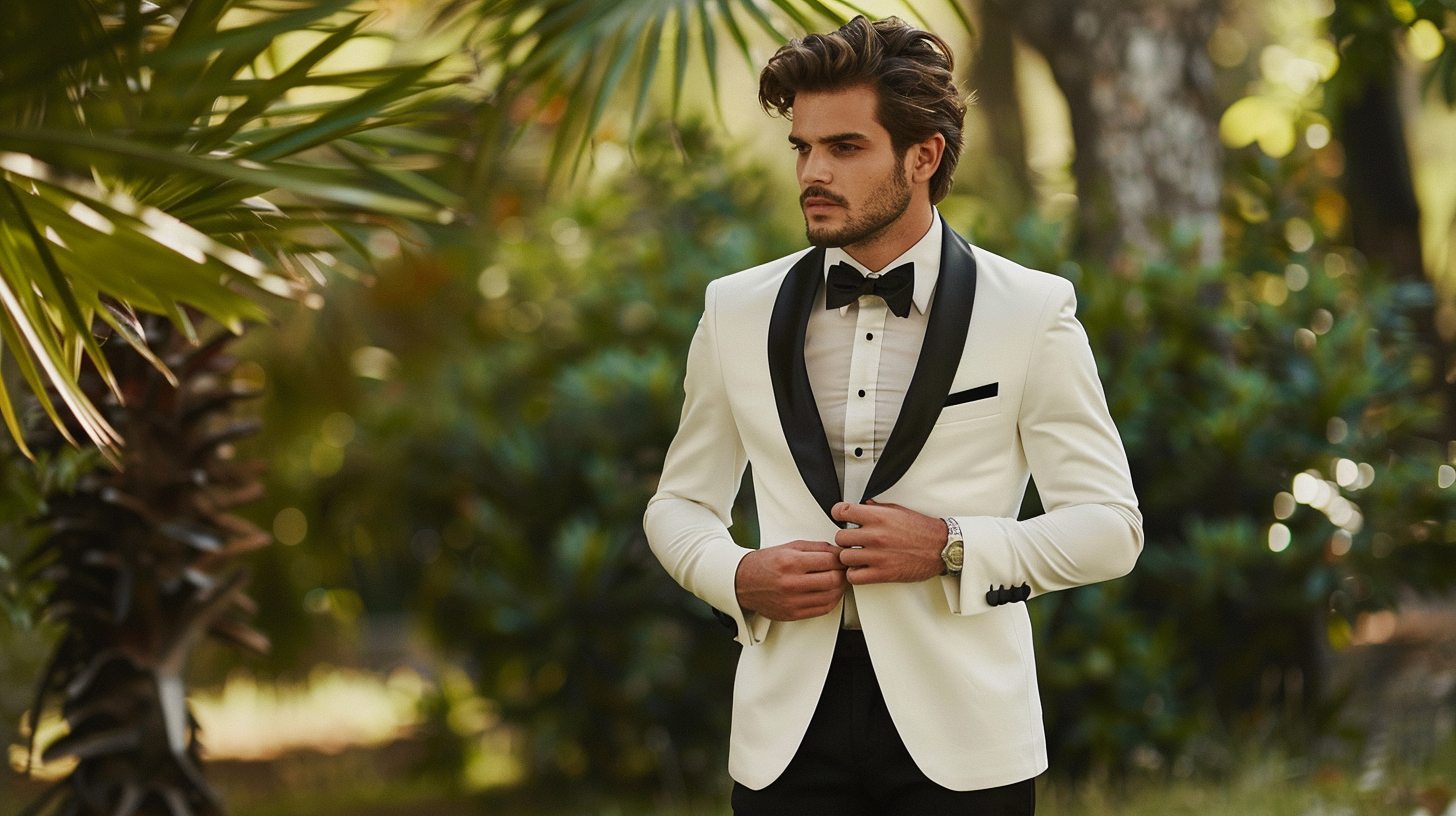 A man in a white tuxedo jacket with black lapels, black pants, ideal for tropical or summer wedding, standing outdoors or in bright natural light.