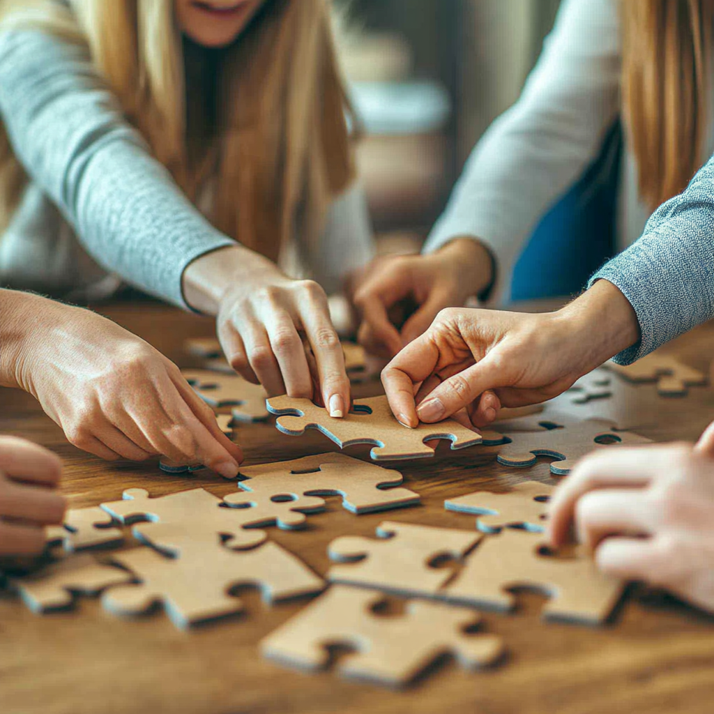 Executive leaders assembling a complex puzzle together, each piece representing different steps of the leadership skills assessment process.