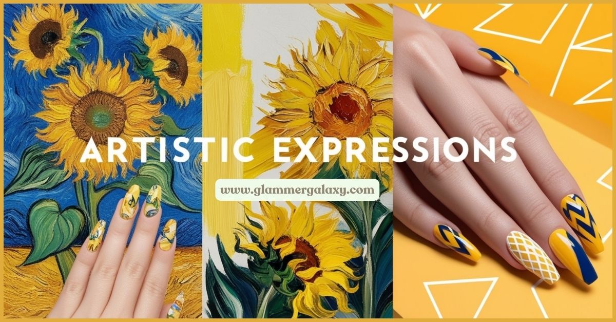 “Artistic Expressions” banner with sunflower paintings and matching nail art.