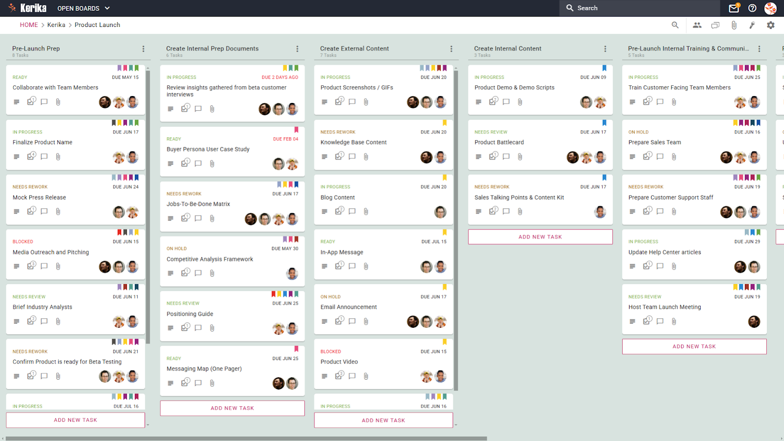 A Kerika product launch board, showcasing a clear and organized workflow for managing a product launch. Columns represent key stages like 'Pre-Launch Prep' and 'External Content.' With its drag-and-drop functionality and customizable columns, Kerika ensures teams stay organized, on schedule, and aligned throughout the product launch process. Features include task assignments, due dates, and progress indicators, making it easy to see what’s in progress and what requires attention, optimizing team collaboration
