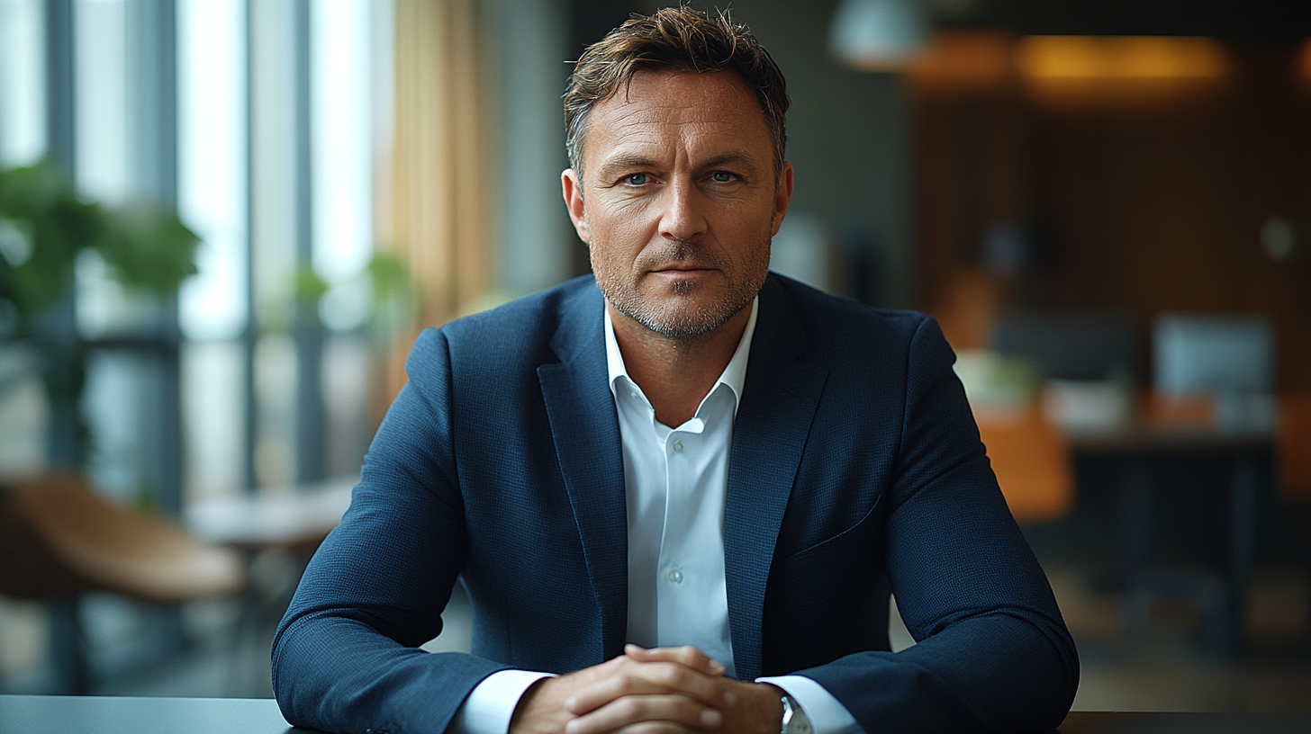 A professional job interview scene from the interviewer’s perspective. A well-dressed man sits across a sleek office table, wearing a neatly fitted navy blue suit. His expression is confident and attentive, with his hands resting on the table, ready to engage. The background features a modern office with soft natural lighting, glass windows, and minimalistic decor, creating a formal and professional atmosphere. The focus is on the interviewee’s facial expression and body language, highlighting the tension and significance of the moment.