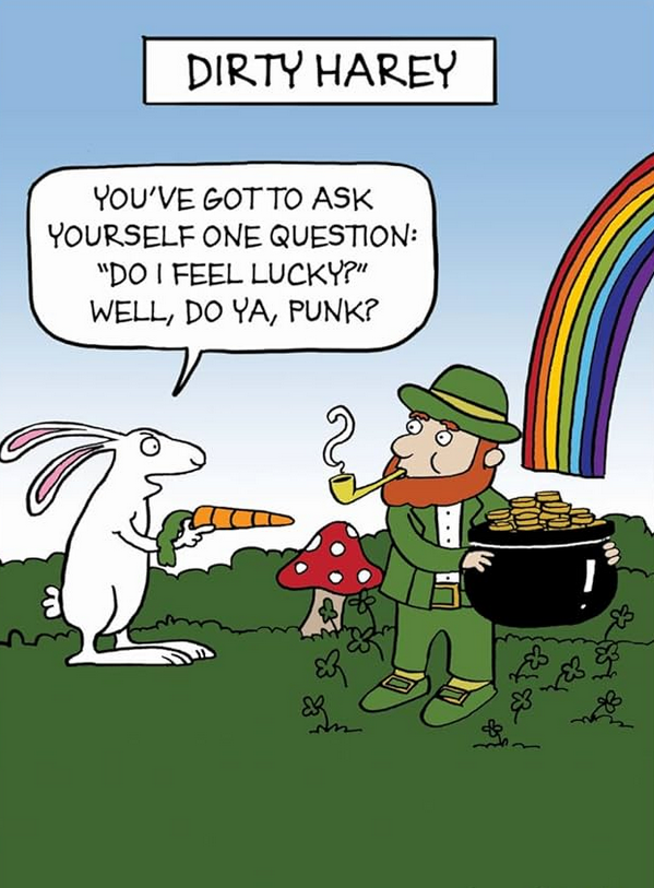 Cartoon a cartoon of a leprechaun and a rabbit
Description automatically generated