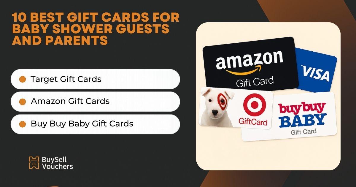 Top baby shower gift card picks: Target, Amazon, Visa, and Buy Buy Baby cards on display.