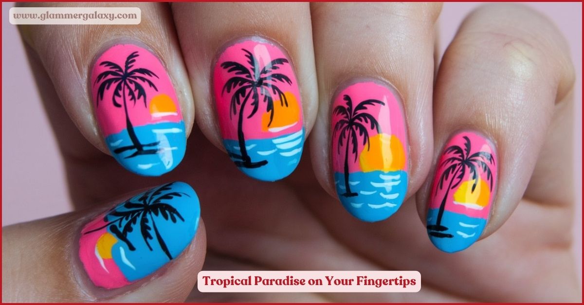 Hand with nails painted in sunset beach scenes with palm trees.