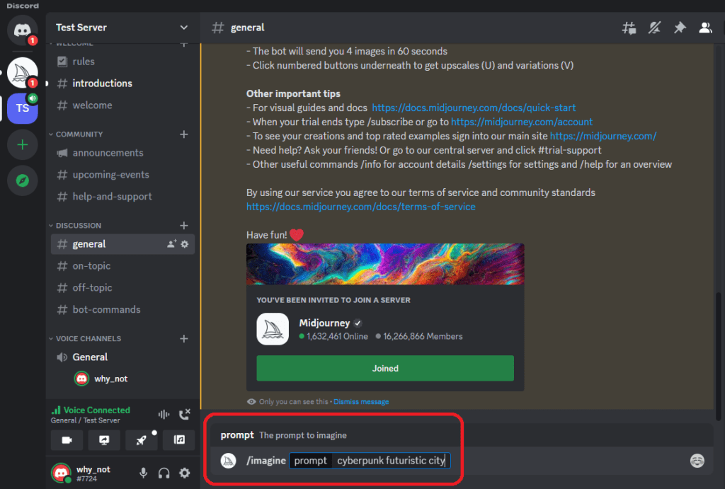 Midjourney Discord interface showing image generation commands and results