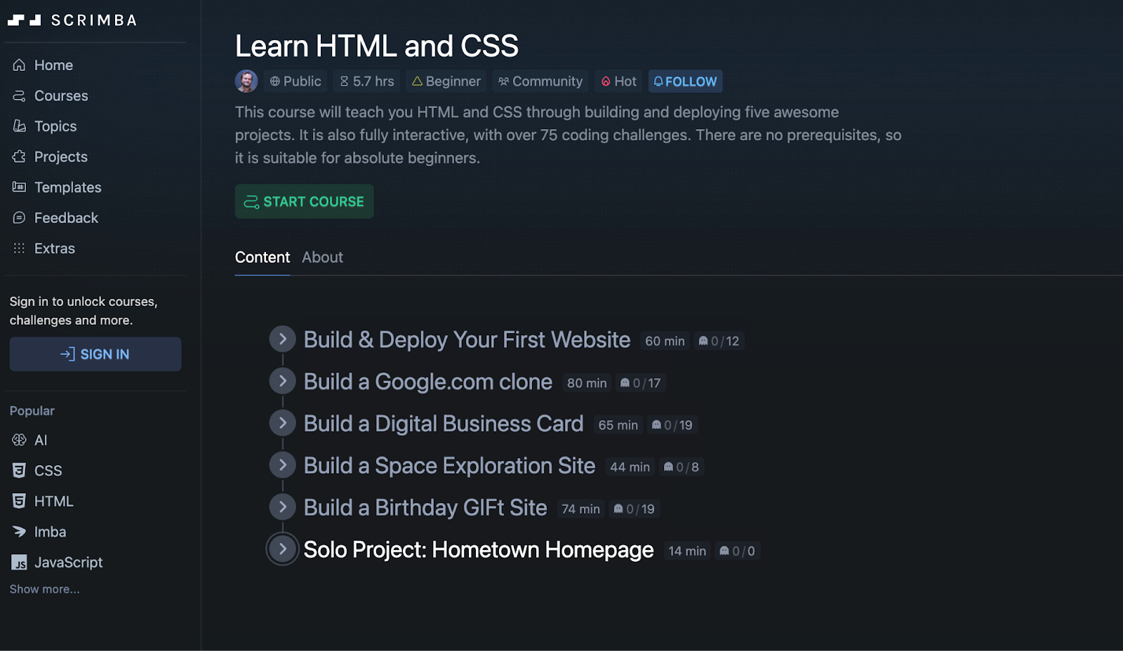 Learn HTML and CSS course by Scrimba