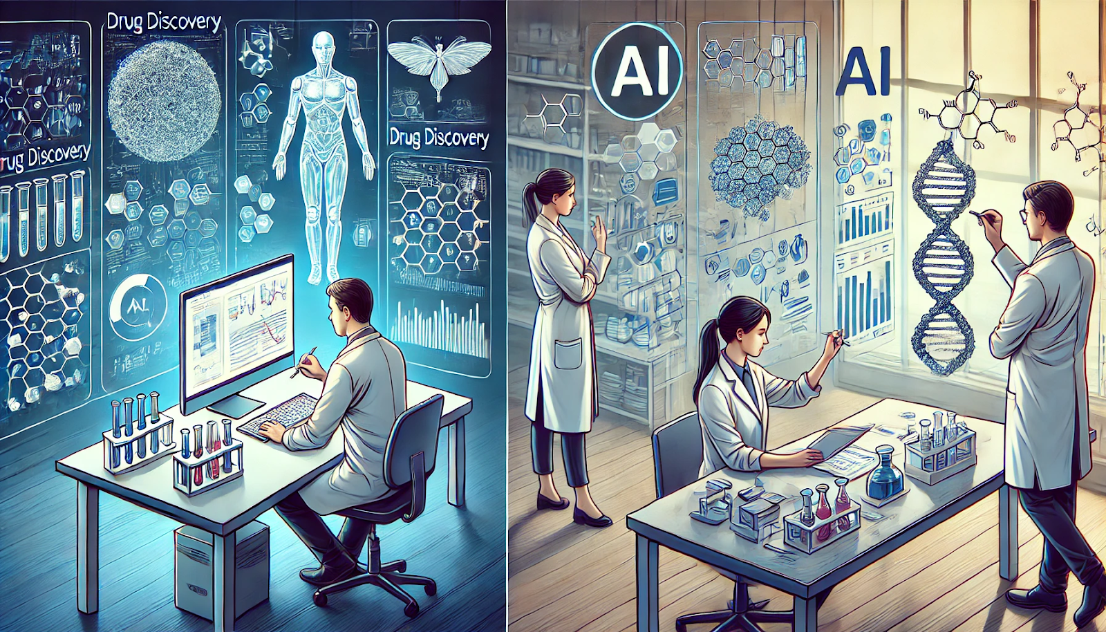 Researchers combining traditional methods with AI technology for enhanced drug discovery, highlighting the human element in AI-driven pharmaceutical research.