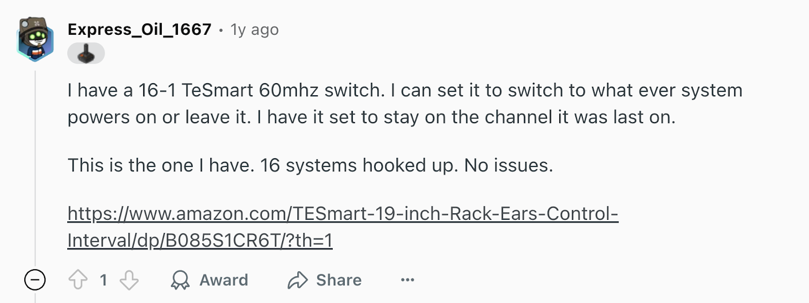 Review via Reddit. It says, “I have the 16-1 TeSmart 60MHz switch. I can set it to switch to whatever system powers on or leave it. I have it set to stay on the channel it was last on. No issues.”