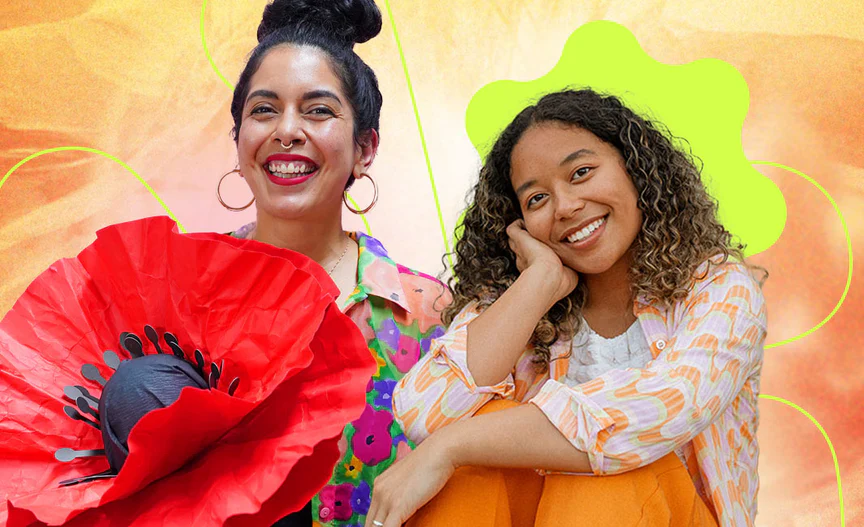 collage of two smiling women with a poppy flower and colorful background