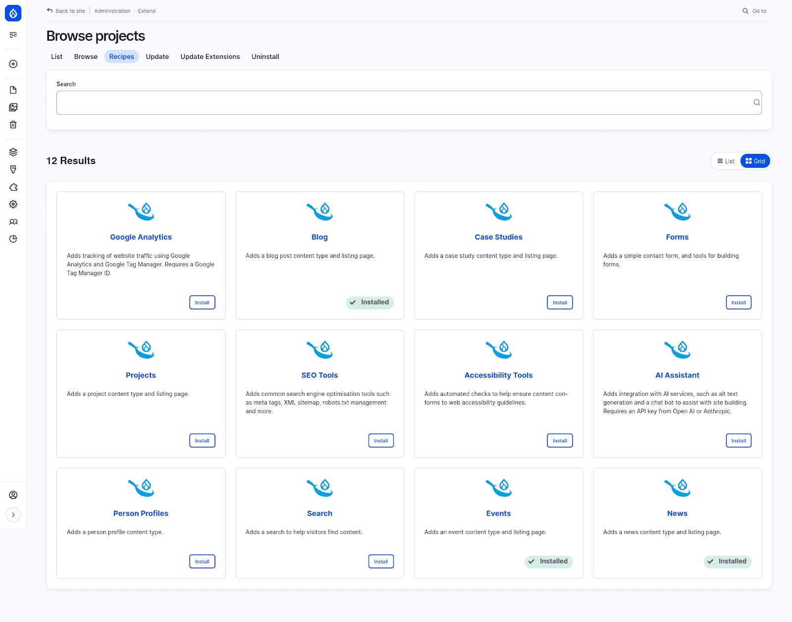 Finding and installing recipes in Drupal CMS 1.0’s Project Browser