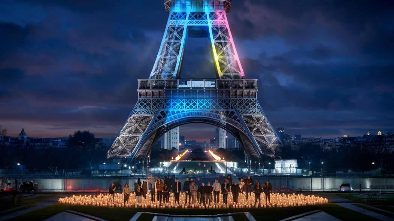 Eiffel Tower Lit Candles Pray Olympic Paris 2024